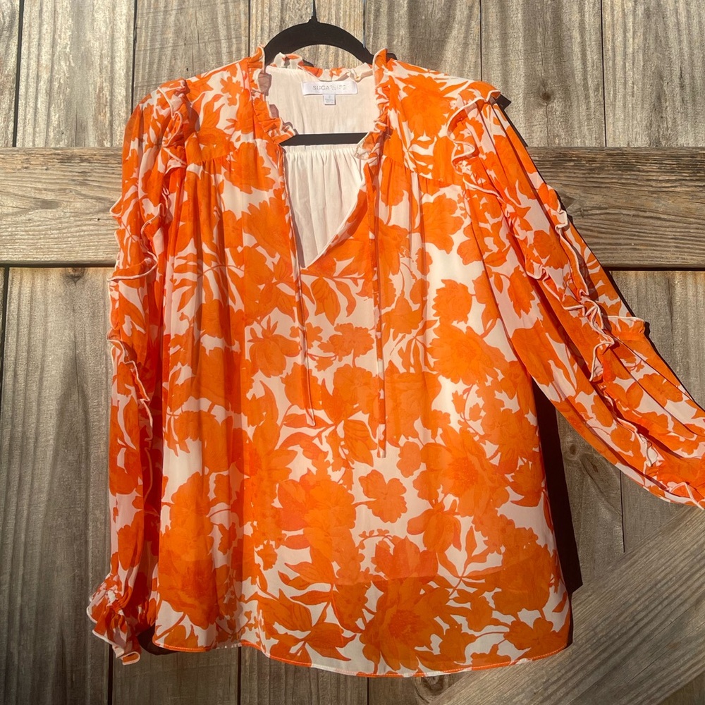 Sugarlips Orange and White Floral Ruffled Top Size S - Picture 1 of 8